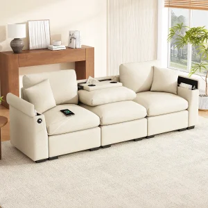 3-zitsbank in beige chenille – Kussens, inklapbaar bijzettafeltje, USB-poorten en opbergruimte 3-zitsbank in beige chenille – Kussens, inklapbaar bijzettafeltje, USB-poorten en opbergruimte