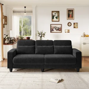 Bank 3-zits in chenille stof zwart – met 3 kussens – afneembaar wasbare hoes – 220x81x88cm Bank 3-zits in chenille stof zwart – met 3 kussens – afneembaar wasbare hoes – 220x81x88cm