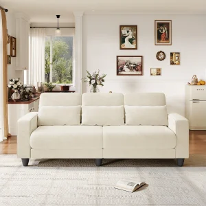Bank 3-zits in chenille stof beige – met 3 kussens – afneembaar wasbare hoes – 220x81x88cm Bank 3-zits in chenille stof beige – met 3 kussens – afneembaar wasbare hoes – 220x81x88cm