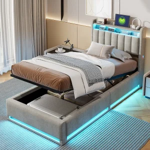 90×200 cm RGB LED-bed met multifunctioneel hoofdbord, opbergruimte, USB- en USB-C-oplader – Grijs of beige fluweel