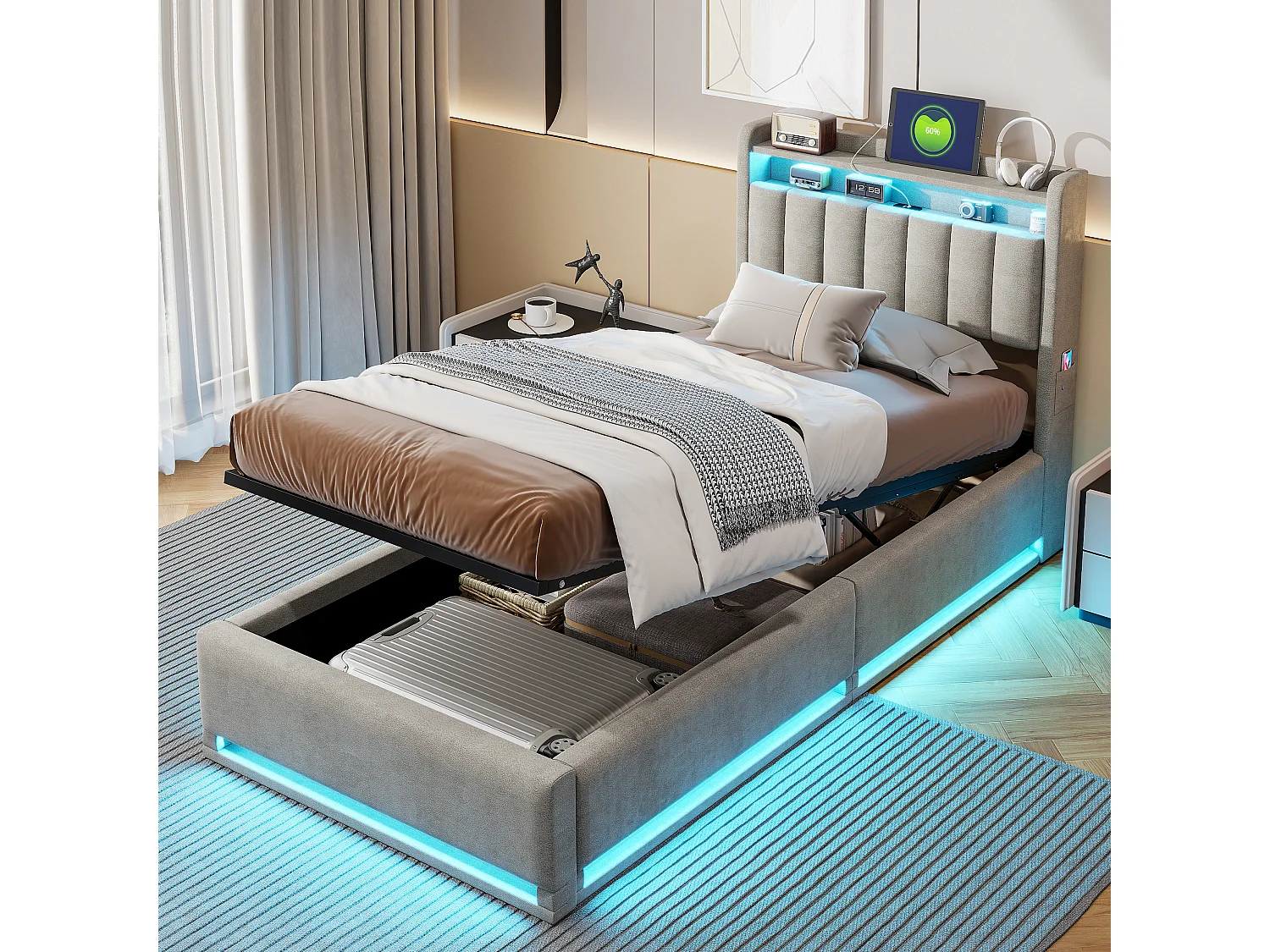 90x200 cm RGB LED-bed met multifunctioneel hoofdbord, opbergruimte, USB- en USB-C-oplader – Grijs of beige fluweel