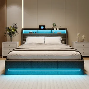 160*200CM gestoffeerd bed met Euro Gas Bar-lader en LED-verlichting, grijs, linnen