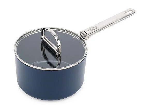 Anti-aanbakpan Joseph Joseph Space 19 cm met inklapbare greep en deksel, geschikt voor inductie en oven tot 232°C, ruimtebesparend.
