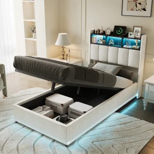 90×200 cm bed in wit fluweel met gasveer voor opbergruimte, hoofdbord met ledverlichting, USB/Type-C-poort en ledverlichting aan de zijkant