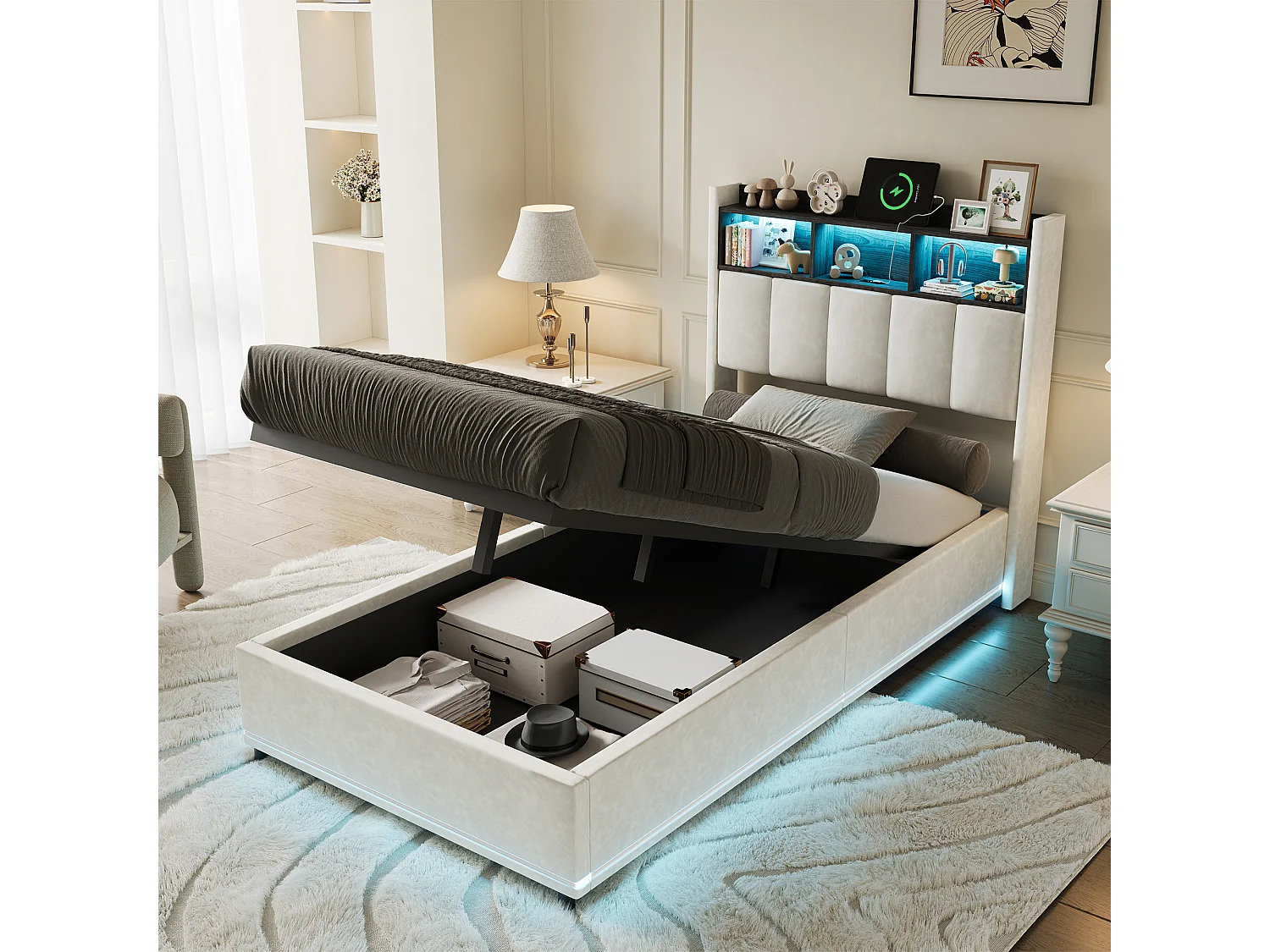 90x200 cm bed in wit fluweel met gasveer voor opbergruimte, hoofdbord met ledverlichting, USB/Type-C-poort en ledverlichting aan de zijkant