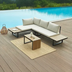 Moduleerbare aluminium tuinset: 2 banken en een salontafel – Antraciet met beige kussens – BAMBAÏA van MYLIA Moduleerbare aluminium tuinset: 2 banken en een salontafel – Antraciet met beige kussens – BAMBAÏA van MYLIA