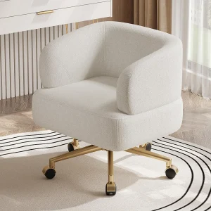 1 Stoel in chenille stof – vergulde metal poten – 360° draaibaar – met 5 wielen – Beige