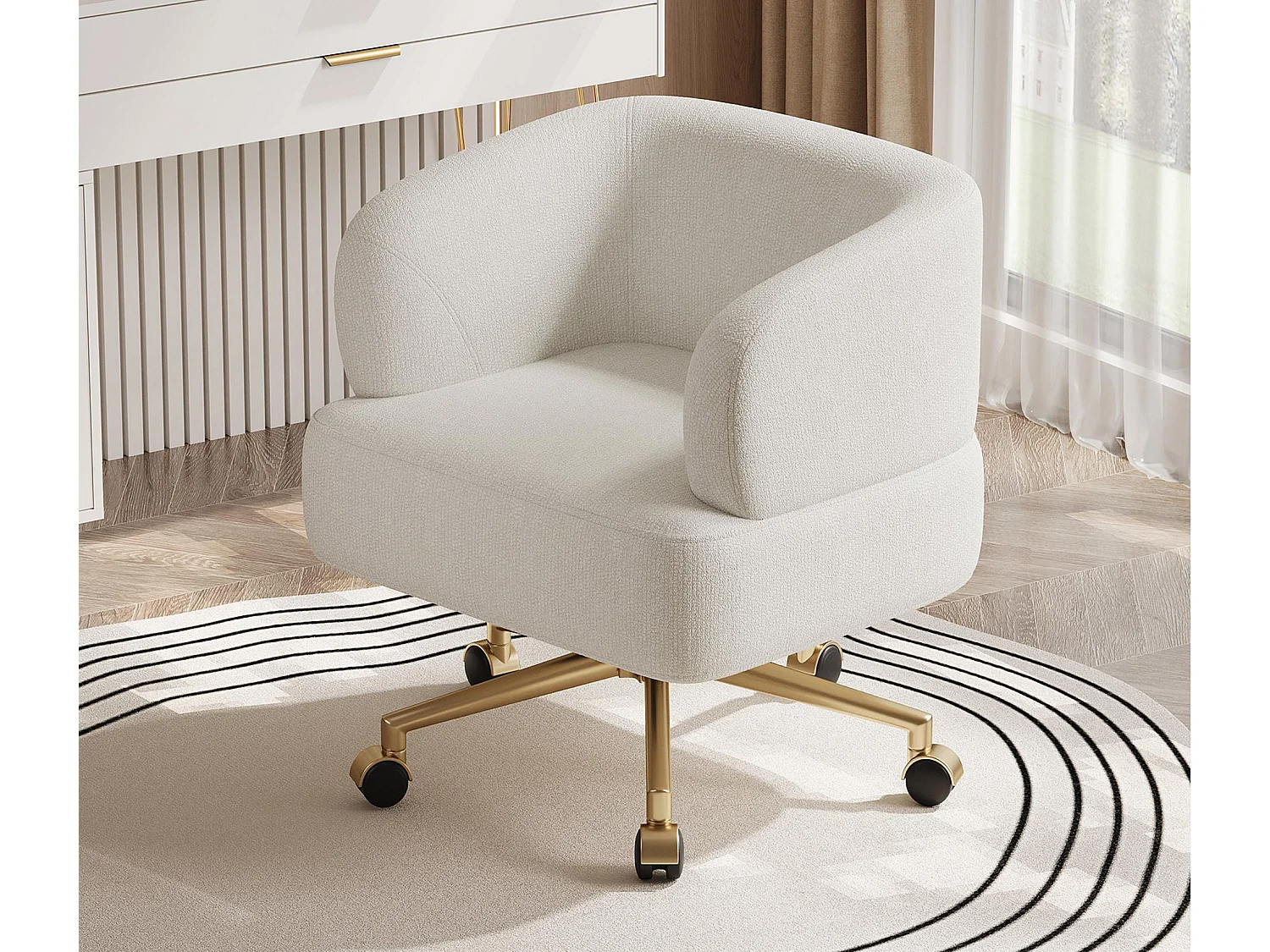 1 Stoel in chenille stof - vergulde metal poten - 360° draaibaar - met 5 wielen - Beige