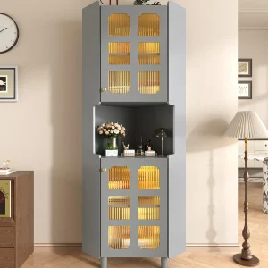 Badkamer hoekkolom – met LED-verlichting – met 2 deuren – met 4 planken – met open planken – grijs