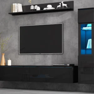 3-delige TV-meubelset – TV-meubel + wandvitrine + wandplank – met LED-verlichting – Zwart 3-delige TV-meubelset – TV-meubel + wandvitrine + wandplank – met LED-verlichting – Zwart