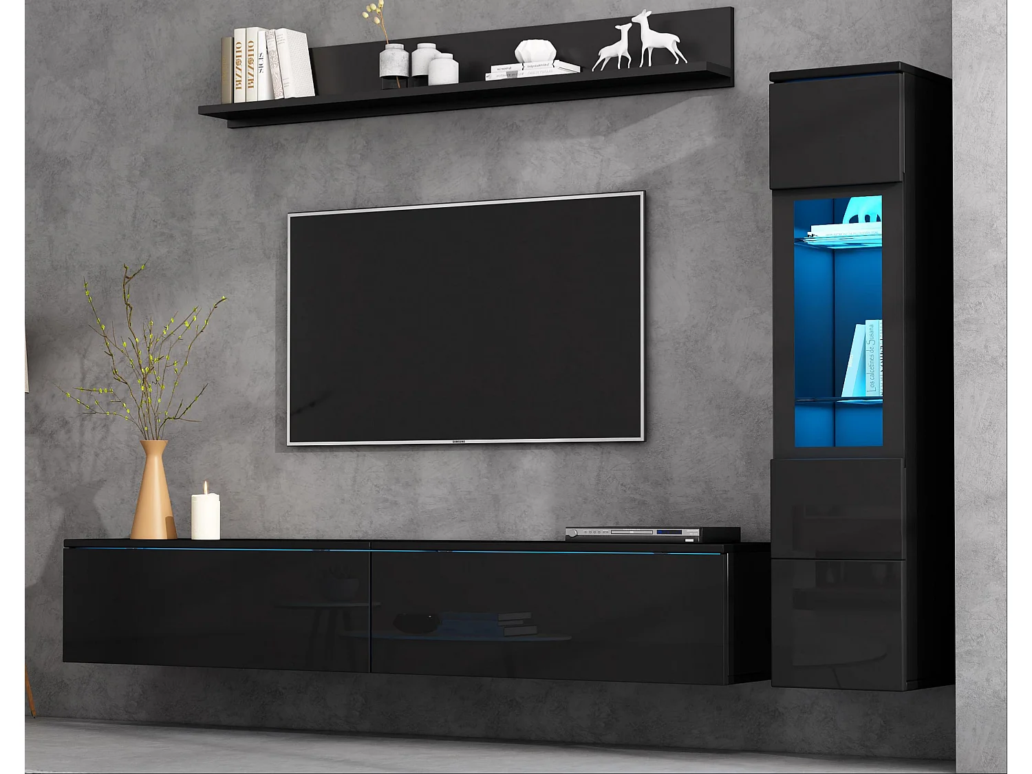 3-delige TV-meubelset – TV-meubel + wandvitrine + wandplank – met LED-verlichting – Zwart