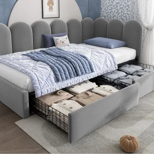 Bankbed 90×200 cm – met 2 lades – fluweel stof – met lattenbodem – Grijs (zonder matras) Bankbed 90×200 cm – met 2 lades – fluweel stof – met lattenbodem – Grijs (zonder matras)