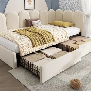 Bankbed 90×190 cm – met 2 lades – fluweel stof – met lattenbodem – Beige (zonder matras) Bankbed 90×190 cm – met 2 lades – fluweel stof – met lattenbodem – Beige (zonder matras)