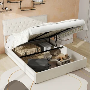 140x200cm fluwelen opbergbed – Decoratief hoofdbord met knopen – Beige 140x200cm fluwelen opbergbed – Decoratief hoofdbord met knopen – Beige