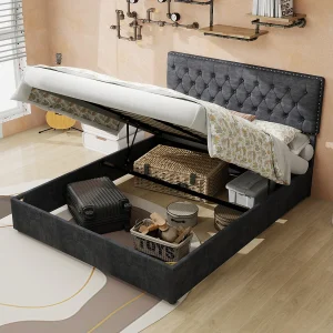 140x200cm fluwelen opbergbed – Decoratief hoofdbord met knopen – Grijs 140x200cm fluwelen opbergbed – Decoratief hoofdbord met knopen – Grijs