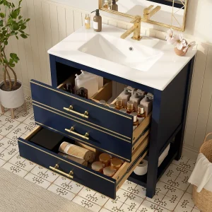 Badkamermeubel – 66 x 46,5 x 86 cm – met keramische wasbak + 2 lades + open plank – MDF – blauw + goud Badkamermeubel – 66 x 46,5 x 86 cm – met keramische wasbak + 2 lades + open plank – MDF – blauw + goud