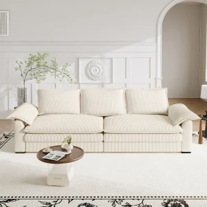 Bank 3-zits in ribfluweel, met 2 armleuninkussens, afneembaar en wasbaar, 265x86x88cm, Beige