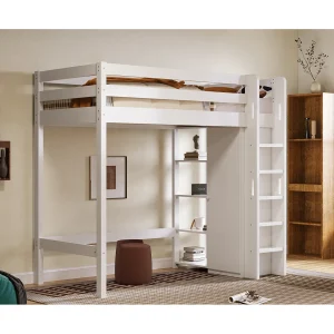 90x200cm hoogslaper met kledingkast en planken – Houten bed – Wit 90x200cm hoogslaper met kledingkast en planken – Houten bed – Wit