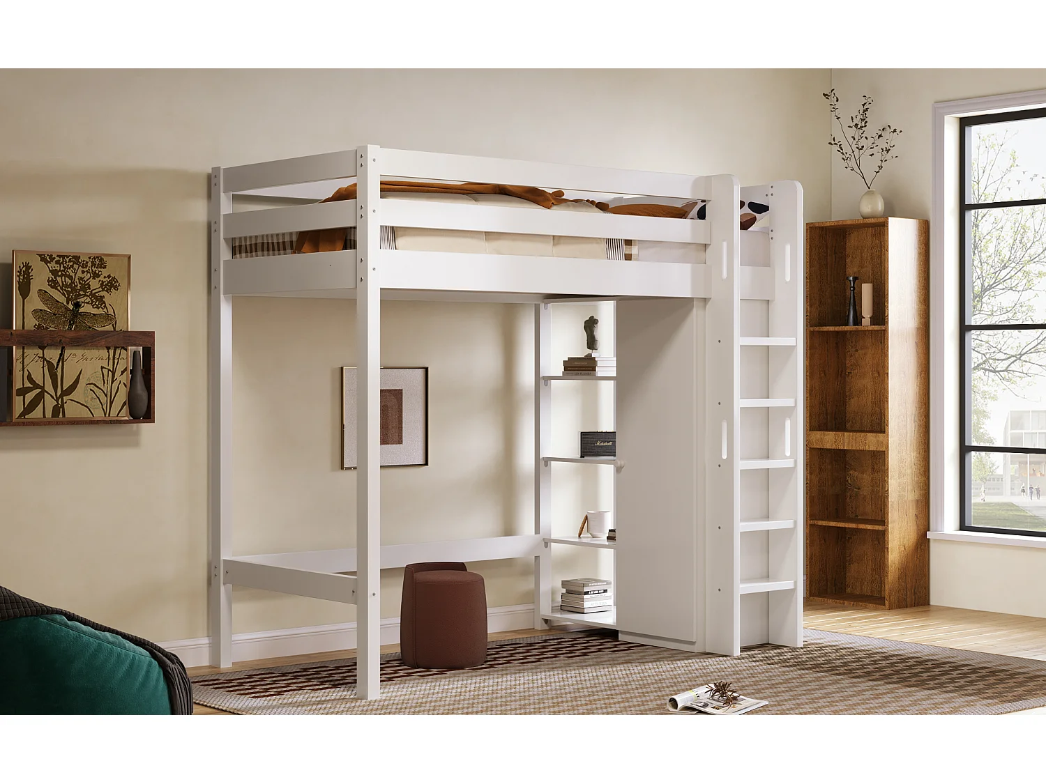 90x200cm hoogslaper met kledingkast en planken - Houten bed - Wit