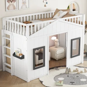90x200cm hoogslaper van grenen en MDF-hout – Kinderhutbed met raam – Wit