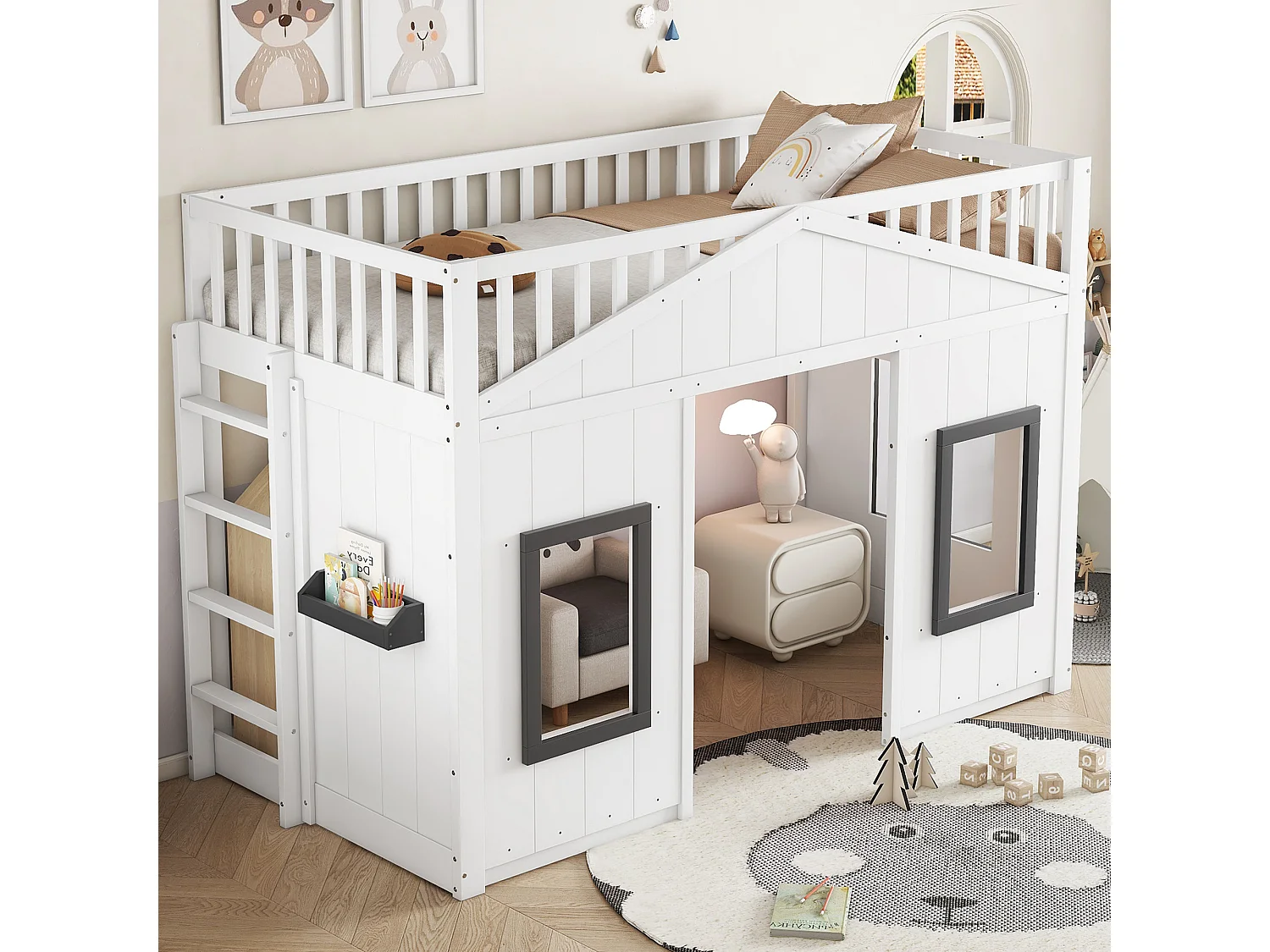 90x200cm hoogslaper van grenen en MDF-hout - Kinderhutbed met raam - Wit