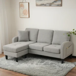3-zitsbank met chaise longue – Hoekbank met zijvakken – grijze katoen-linnen stof 3-zitsbank met chaise longue – Hoekbank met zijvakken – grijze katoen-linnen stof