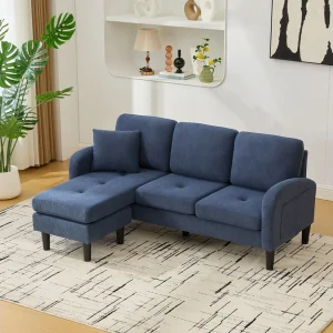 3-zitsbank met chaise longue – Hoekbank met zijvakken – blauwe katoen-linnen stof 3-zitsbank met chaise longue – Hoekbank met zijvakken – blauwe katoen-linnen stof