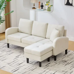 3-zitsbank met chaise longue – Hoekbank met zijvakken – lichtbeige katoen-linnen stof 3-zitsbank met chaise longue – Hoekbank met zijvakken – lichtbeige katoen-linnen stof