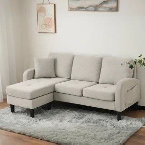3-zitsbank met chaise longue – Hoekbank met zijvakken – beige katoen-linnen stof
