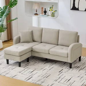 3-zitsbank met chaise longue – Hoekbank met zijvakken – lichtbruine katoen-linnen stof 3-zitsbank met chaise longue – Hoekbank met zijvakken – lichtbruine katoen-linnen stof