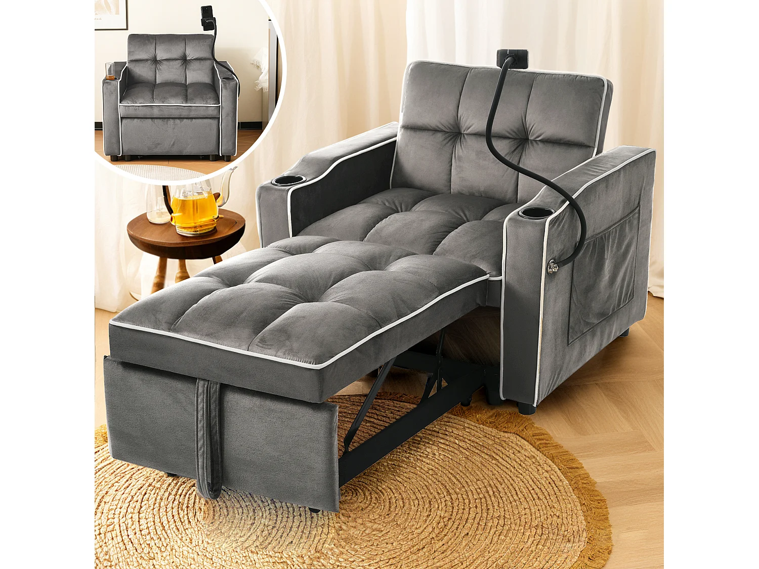1-zitsbank – Fauteuil met bekerhouder en telefoonhouder – donkergrijs fluweel
