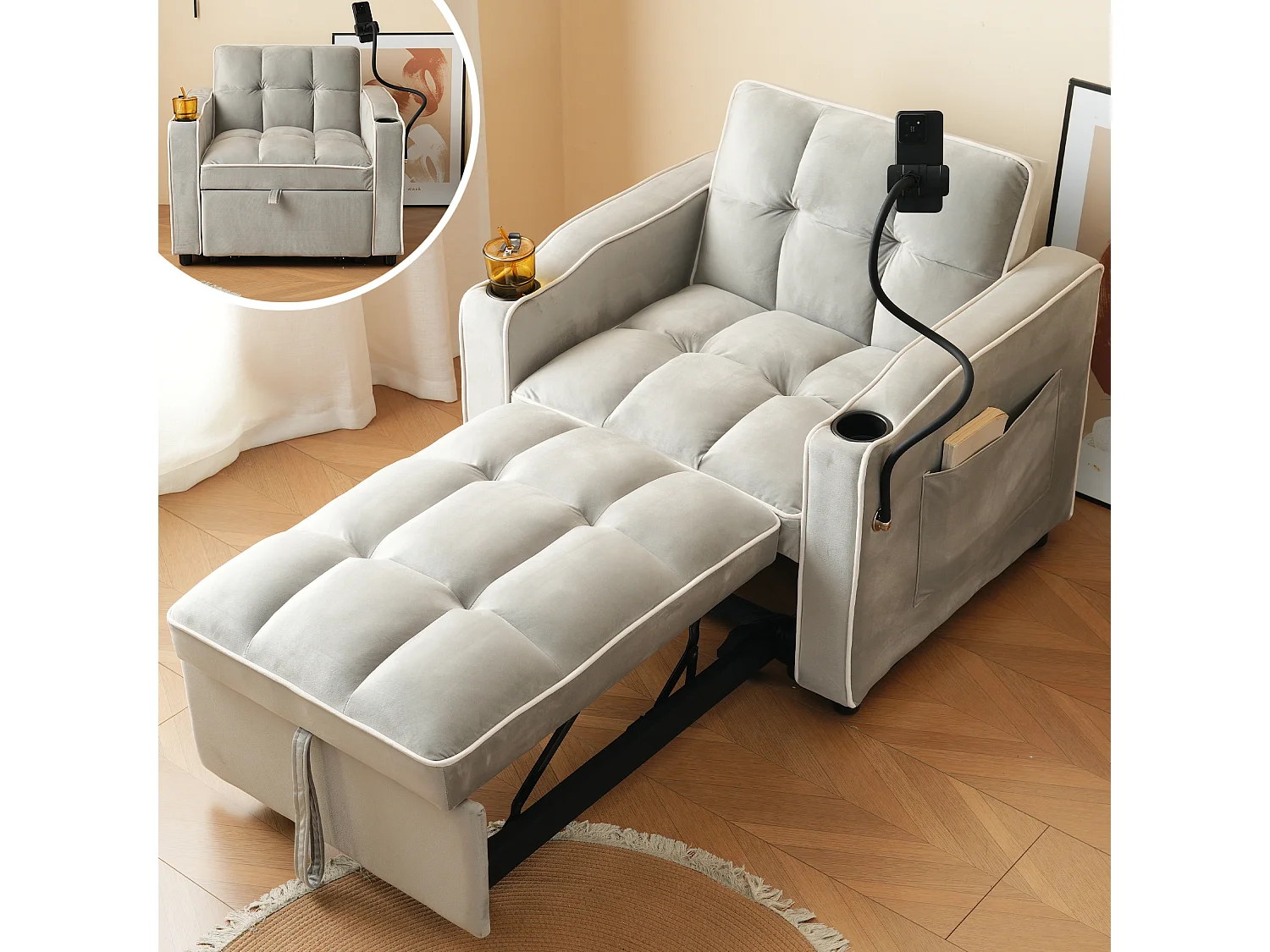 1-zitsbank – Fauteuil met bekerhouder en telefoonhouder – grijs en wit fluweel