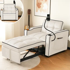 1-zitsbank – Fauteuil met bekerhouder en telefoonhouder – beige fluweel 1-zitsbank – Fauteuil met bekerhouder en telefoonhouder – beige fluweel