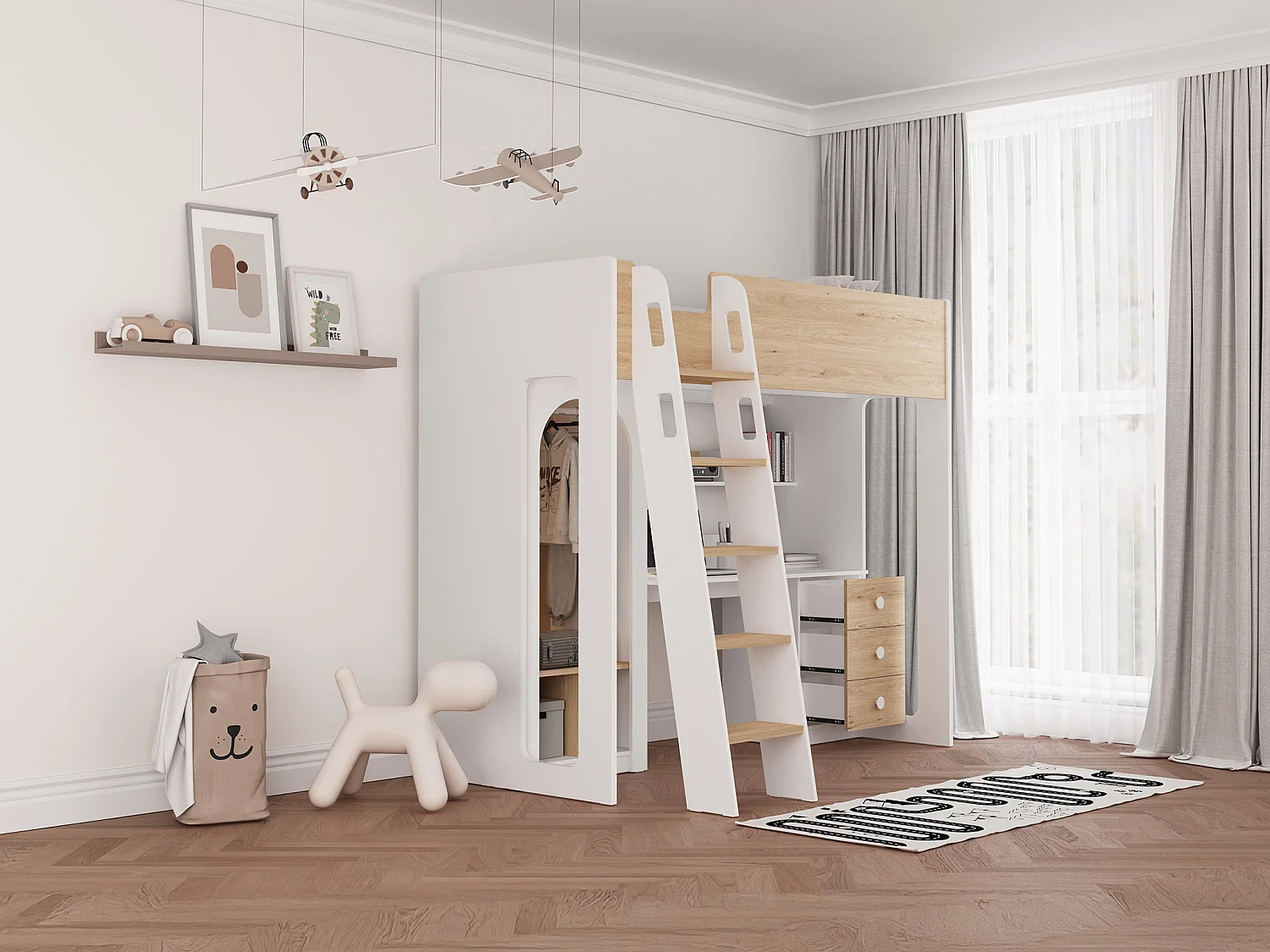 hoogslaper 90 x 190 cm met kledingkast en bureau kleur naturel en wit - ALVENOU