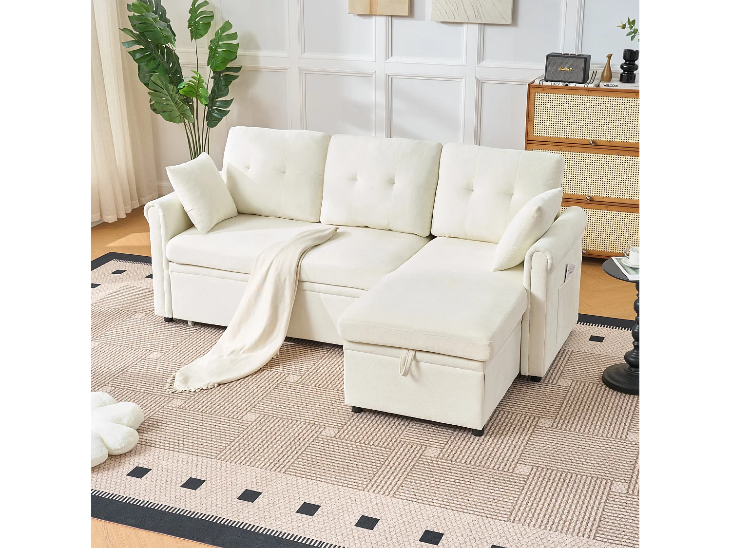 Bank Hoekmodel Reversibel Met Opbergruimte Dikke Zitkussen Chenille Beige
