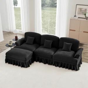 Bank Modulair 3 zitplaatsen Dubbel design Afneembare volant Chenille Zwart Bank Modulair 3 zitplaatsen Dubbel design Afneembare volant Chenille Zwart