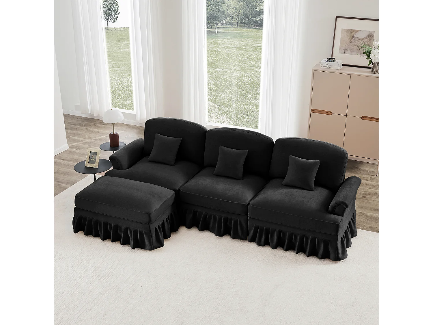 Bank Modulair 3 zitplaatsen Dubbel design Afneembare volant Chenille Zwart