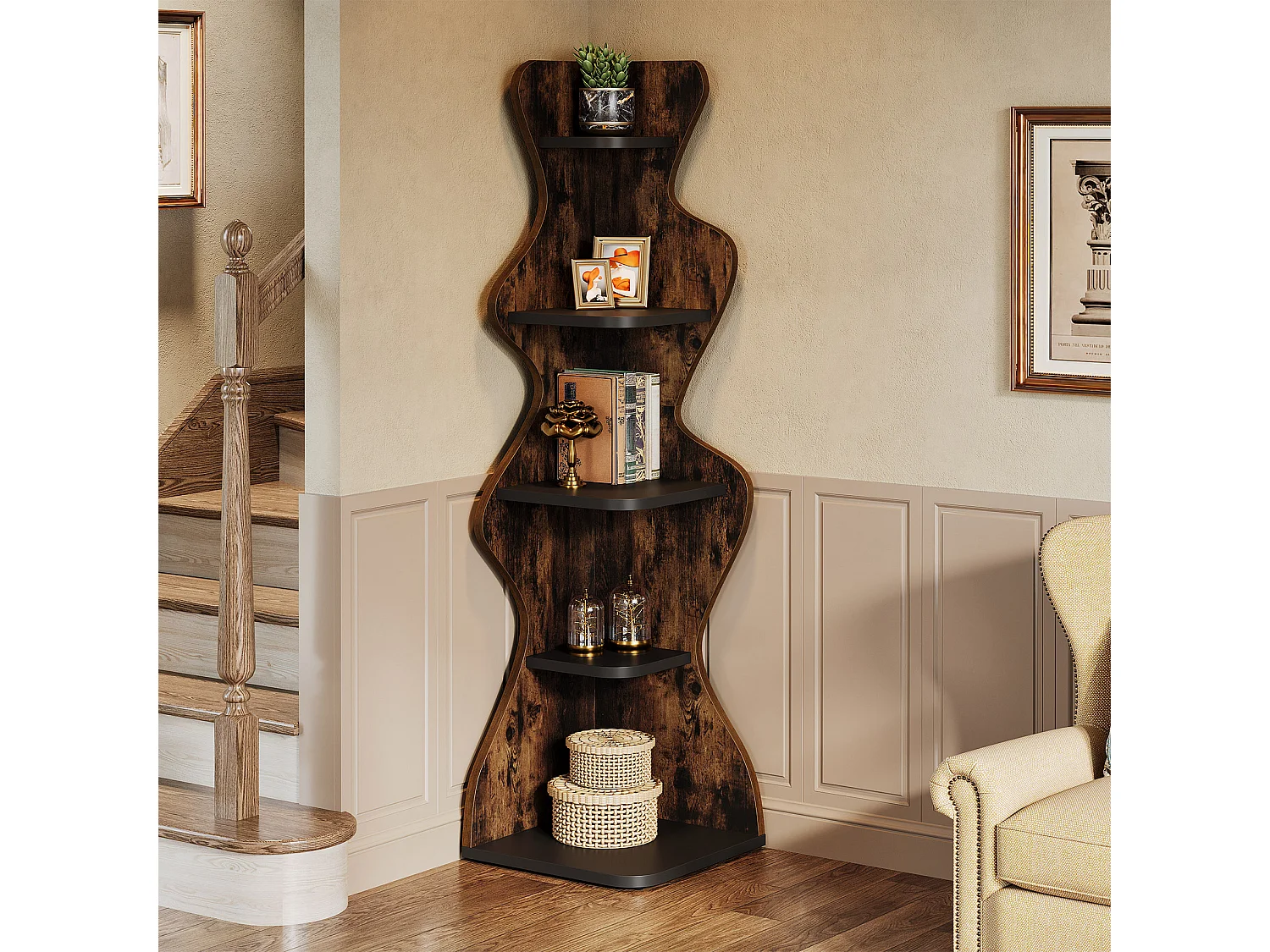 5-laags hoekplank, 175 cm hoekboekenplank, vierkante displayplank, vrijstaande hoekopslag