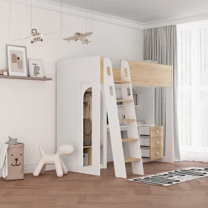 hoogslaper 90 x 190 cm met kledingkast en bureau kleur naturel en wit + matras – ALVENOU