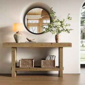 160 cm consoletafel van massief hout, 2-laags smalle landelijke entreetafel voor hal en entree 160 cm consoletafel van massief hout, 2-laags smalle landelijke entreetafel voor hal en entree