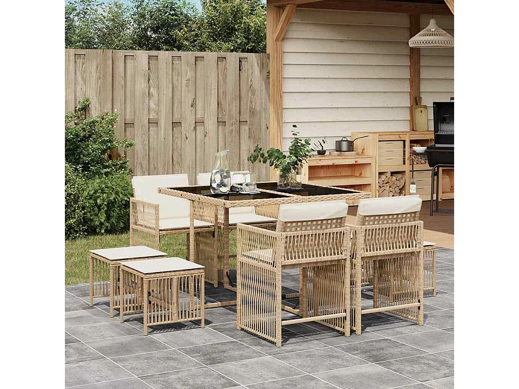 9-delige Tuinset met kussens poly rattan beige