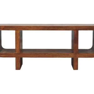 Artisan Furniture Orion gebogen tv-meubel van massief hout met kastanjeafwerking, donkerbruin Artisan Furniture Orion gebogen tv-meubel van massief hout met kastanjeafwerking, donkerbruin