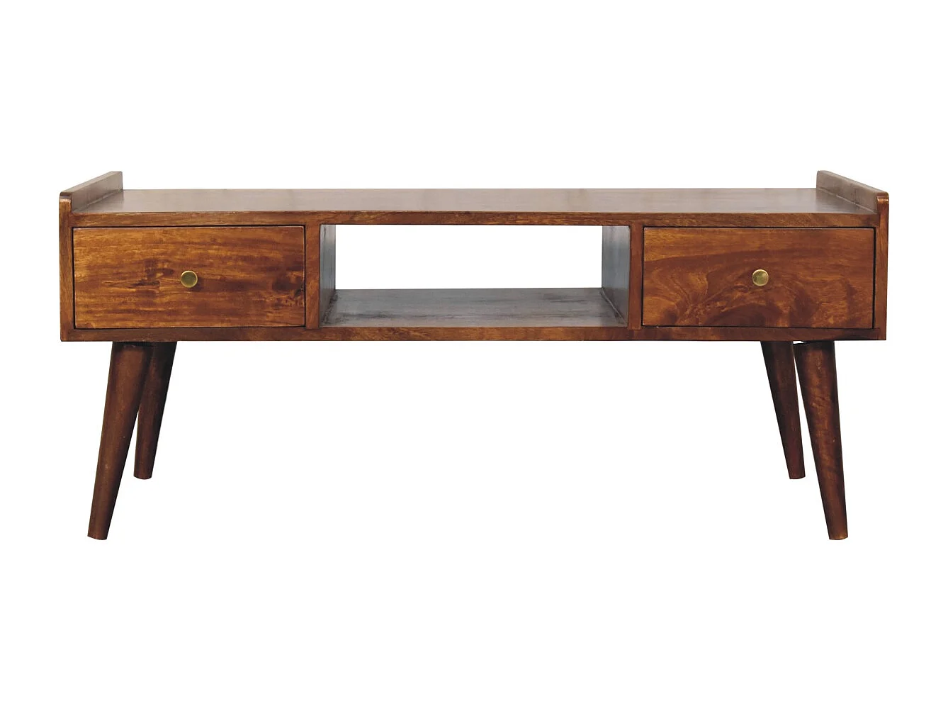 Artisan Furniture Massief Hout Verhoogd Kastanje TV Meubel, 4 Lades en Open Vak, Donkerbruin