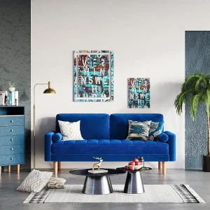 2-zitsbank in blauw fluweel, mini-slaapkamerbank met armleuningen, taps toelopende houten poten, vaste bank met lage rugleuning