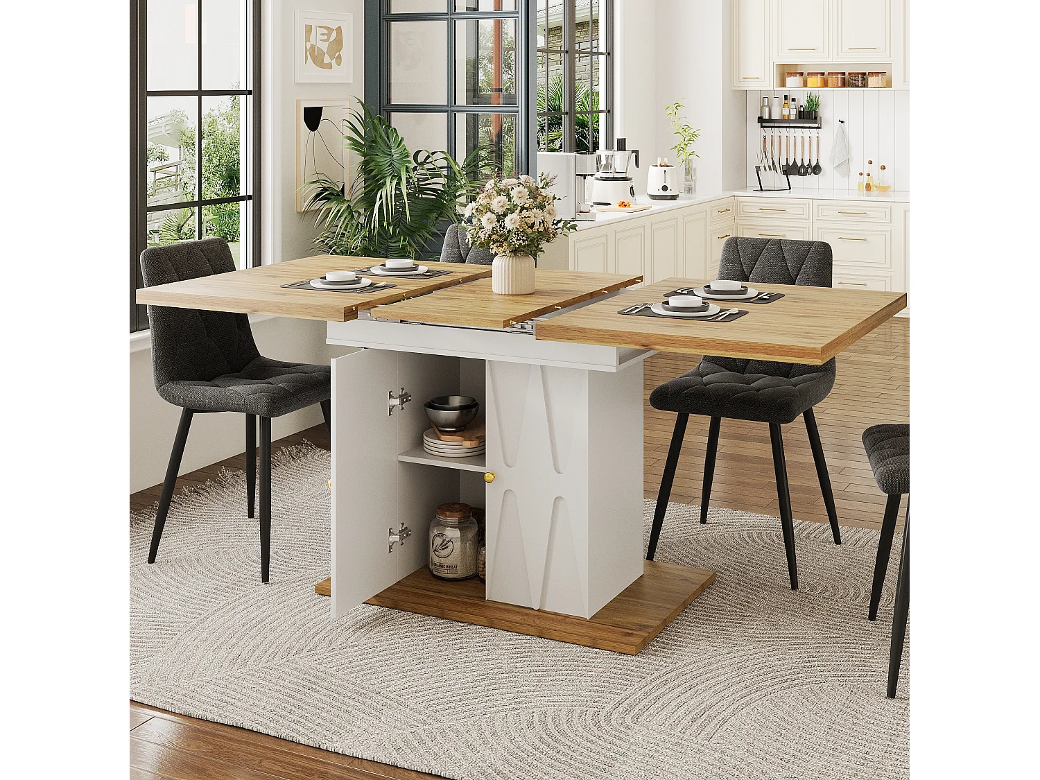 5-delige eethoek - uitschuifbare tafel met opbergruimte - 110(140) x 70 x 76 cm + 4 stoelen - MDF - grijs + naturel