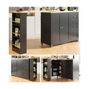 360° draaibare statafel (135-203 cm) op wielen, zwart, met 3 lades en snackhouder. 360° draaibare statafel (135-203 cm) op wielen, zwart, met 3 lades en snackhouder.