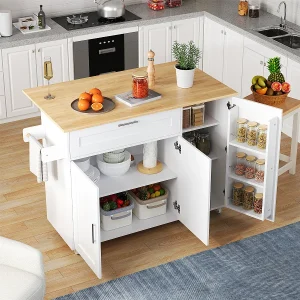 132,5x44x90cm mobiele keukentafel, opvouwbaar, eiken, multifunctionele kast, 5 wielen