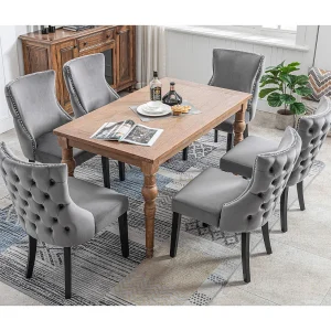 4-voet stoel, stoel, grijze fluwelen eetkamerstoel, met knopen, massief houten frame, grijs (set van 6) 4-voet stoel, stoel, grijze fluwelen eetkamerstoel, met knopen, massief houten frame, grijs (set van 6)