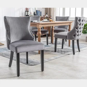 4-voet stoel, stoel, grijze fluwelen eetkamerstoel, met knopen, massief houten frame, grijs (set van 4) 4-voet stoel, stoel, grijze fluwelen eetkamerstoel, met knopen, massief houten frame, grijs (set van 4)