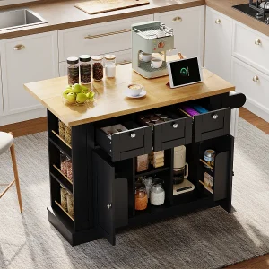 132cm Mobiele keukentafel in landelijke stijl met uitklapbaar werkblad en stopcontact.